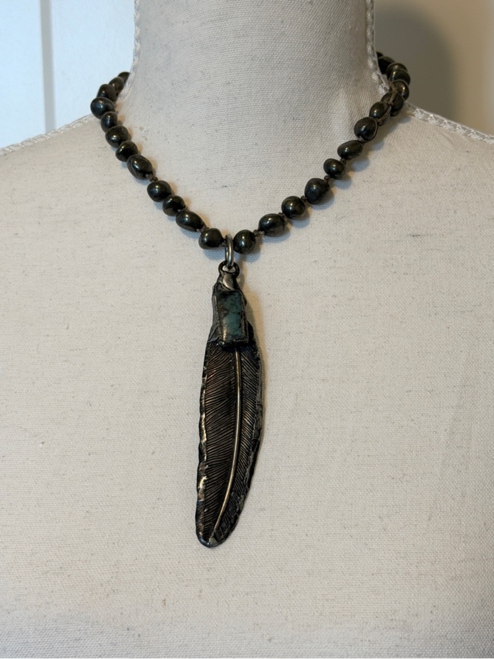 Turquoise Feather Pendant Necklace Buffalo Nickel Loop Clasp Western Chic